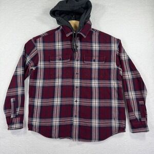 American Eagle Mens L Flannel Shirt with Hood Button Up Burgundy‎ Plaid Heavy